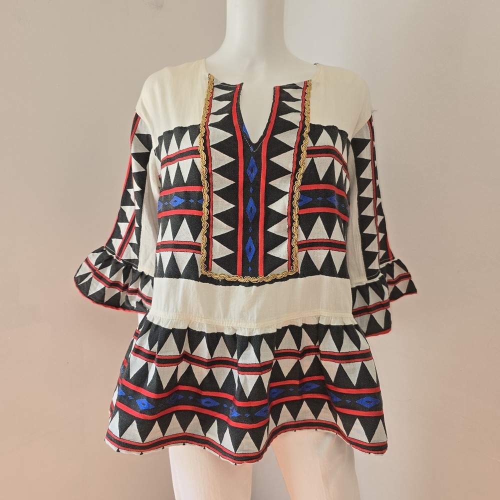 Nema Resort Wear Tunic Top Size M Geometric 3/4 Flare Sleeve Boho Vacation NWT